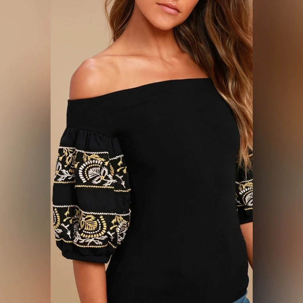 Free People Rock With It Embroidered Crochet Puff Sleeve Top Black/Yellow XS